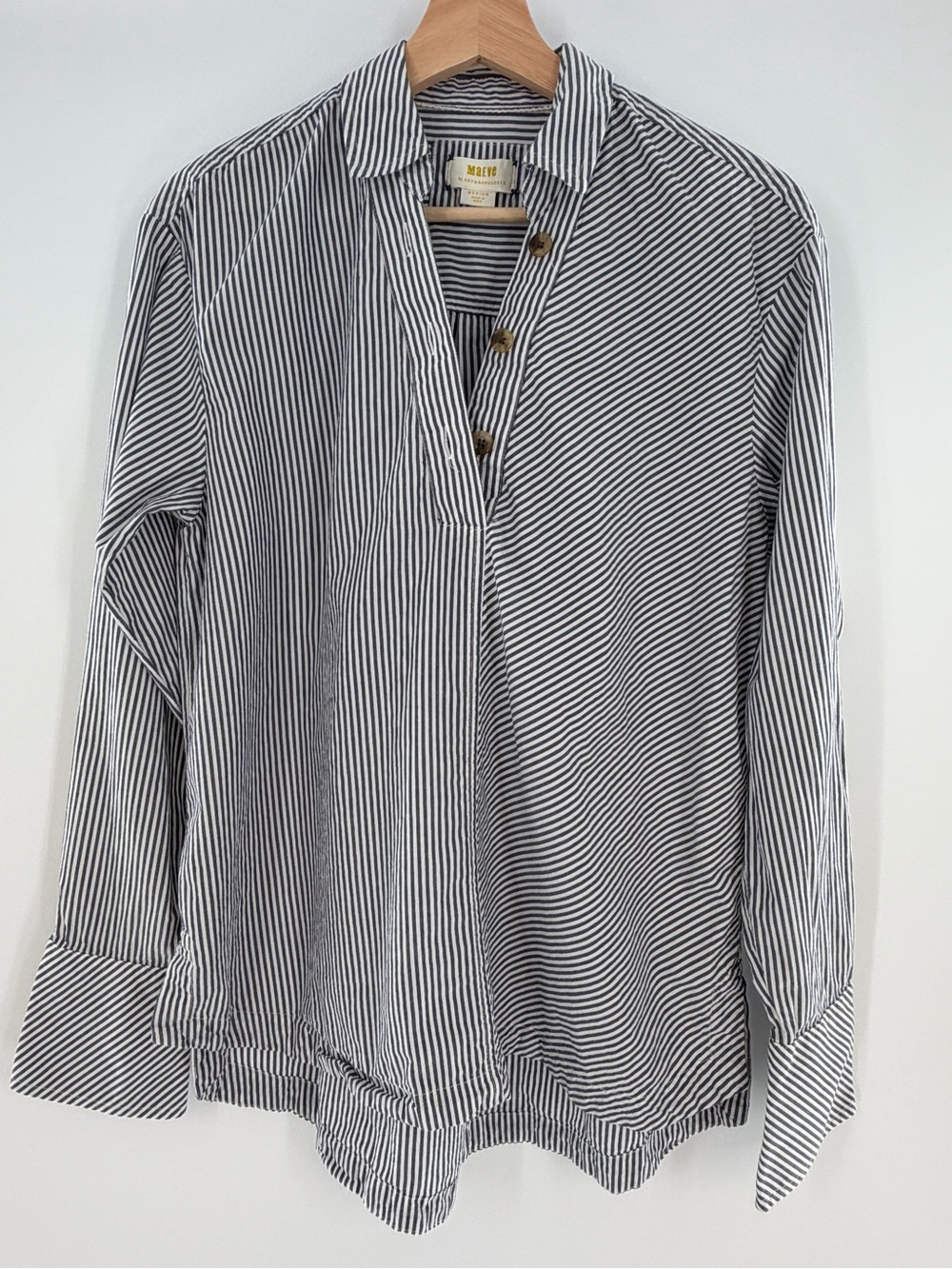 Anthropologie Maeve Striped Henley Popover Shirt Blue/ Black White Size Medium